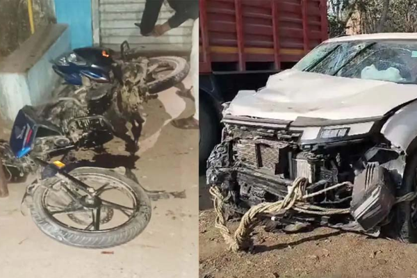 कोरबा सड़क हादसे के बाद क्षतिग्रस्त कार और बाइक का दृश्य
