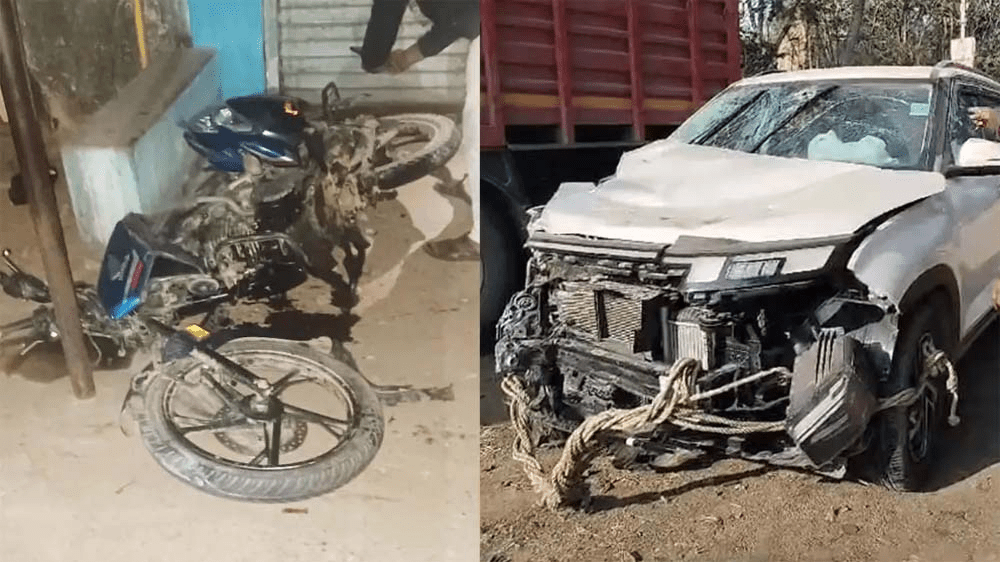 कोरबा सड़क हादसे के बाद क्षतिग्रस्त कार और बाइक का दृश्य