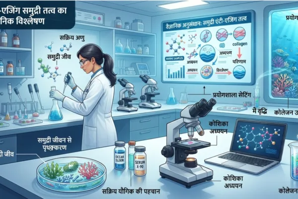 एंटी-एजिंग समुद्री तत्व की रिसर्च दिखाता वैज्ञानिक इलस्ट्रेशन