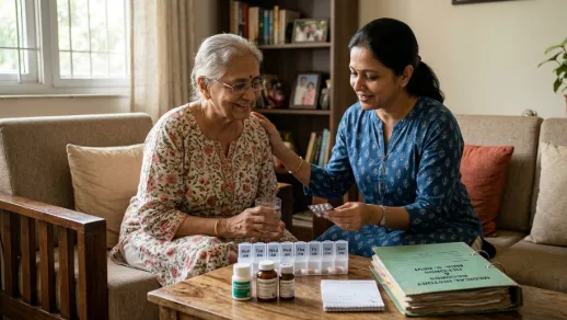 बुजुर्ग माता-पिता की देखभाल, दवा का डिब्बा और हेल्थ फाइल के साथ बेटी और मां का चित्रण