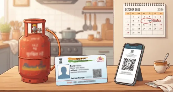 LPG बायोमेट्रिक आधार सत्यापन के लिए डिलीवरी के समय फिंगरप्रिंट स्कैनर पर उंगली रखता उपभोक्ता, मूल इलस्ट्रेशन