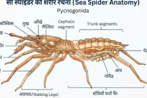 सी स्पाइडर क्या होते हैं समझाता मूल इलस्ट्रेशन, छोटे धड़ और लंबे पैरों वाला नर अंडे ढोते हुए