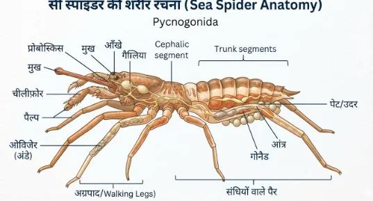 सी स्पाइडर क्या होते हैं समझाता मूल इलस्ट्रेशन, छोटे धड़ और लंबे पैरों वाला नर अंडे ढोते हुए
