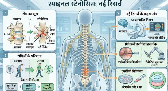 स्पाइनल स्टेनोसिस नई रिसर्च: कमर की रीढ़ में संकरी नली और दबती नस का मूल इलस्ट्रेशन