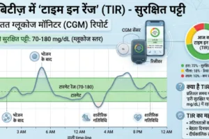 डायबिटीज़ में टाइम इन रेंज दिखाती CGM रिपोर्ट में हरी सुरक्षित पट्टी, मूल इन्फोग्राफिक