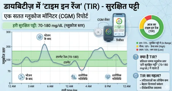 डायबिटीज़ में टाइम इन रेंज दिखाती CGM रिपोर्ट में हरी सुरक्षित पट्टी, मूल इन्फोग्राफिक