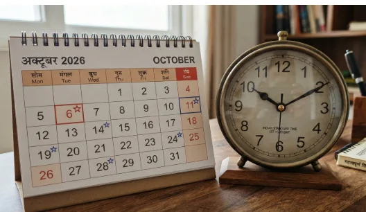 नोबेल पुरस्कार 2026: छह पुरस्कारों की घोषणा की तारीखें दिखाता कैलेंडर और घड़ी का मूल इलस्ट्रेशन
