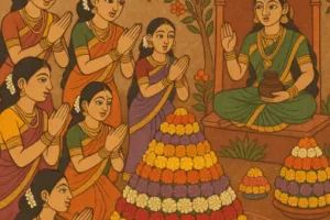 बतुकम्मा त्योहार का महत्व: फूलों के बतुकम्मा के चारों ओर घेरे में गीत गाती महिलाओं का मूल इलस्ट्रेशन