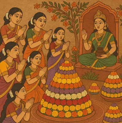 बतुकम्मा त्योहार का महत्व: फूलों के बतुकम्मा के चारों ओर घेरे में गीत गाती महिलाओं का मूल इलस्ट्रेशन