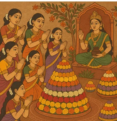 बतुकम्मा त्योहार का महत्व: फूलों के बतुकम्मा के चारों ओर घेरे में गीत गाती महिलाओं का मूल इलस्ट्रेशन